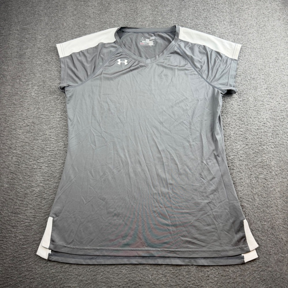Under Armour HeatGear Shirt Women's LG Gray White Fitted V-Neck Short Sleeve Top
